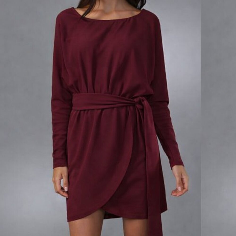 Halston Heritage 100% Wool Belted Maroon Dress Size 4 Petal Skirt Designer